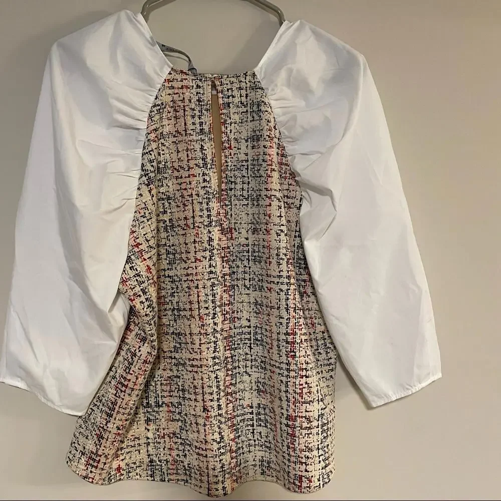 NWT Zara White Puff Sleeve Top striped check Small